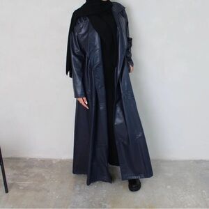 Long Black Faux Leather Trench Coat with Belt